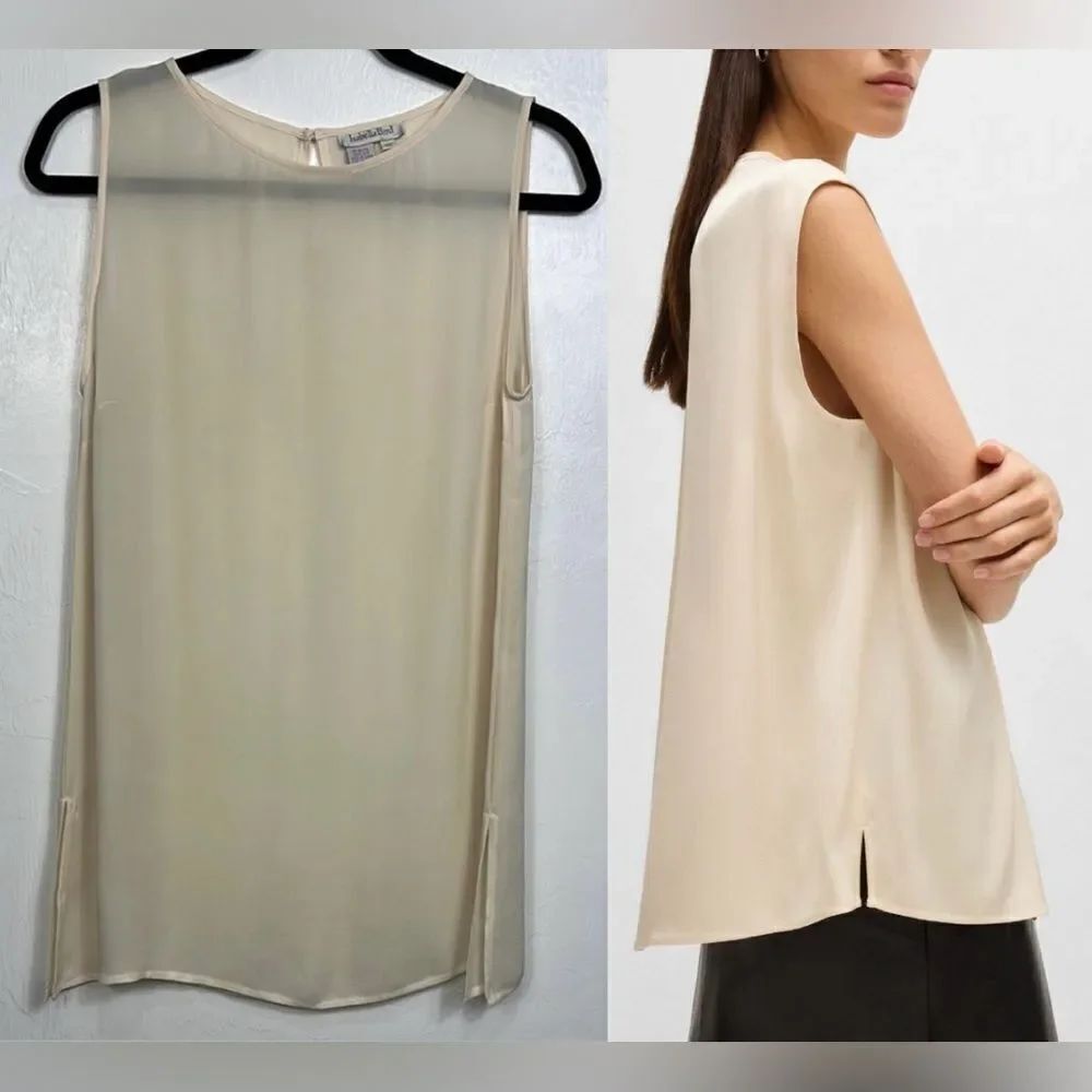 Isabella Bird Vintage 100% Silk Beige Sheer Sleeveless Tunic Top Size M